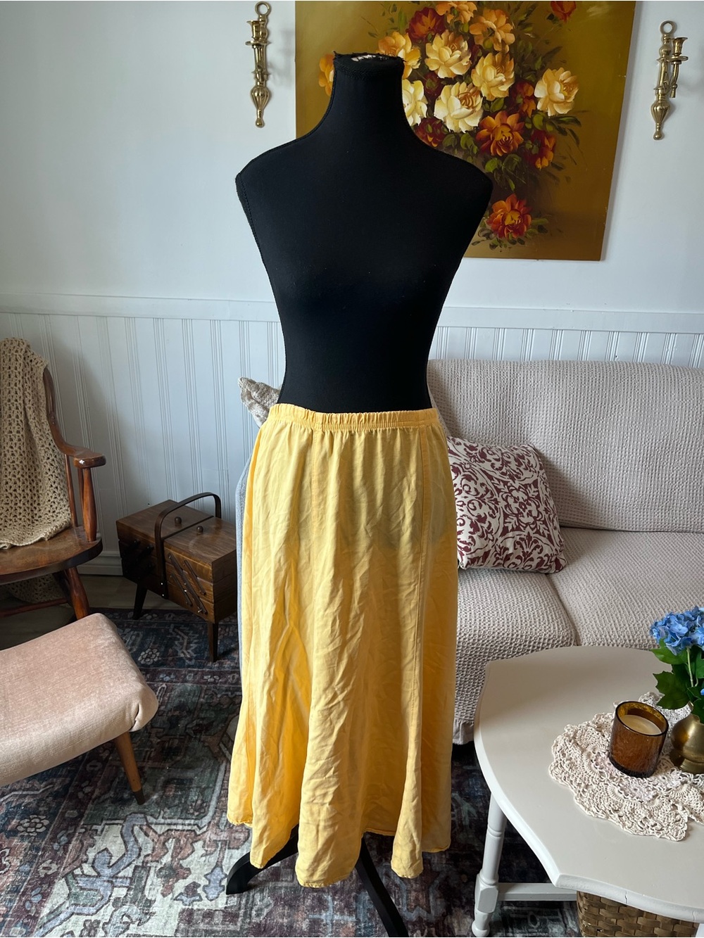 Click Vintage Summery Yellow Maxi Skirt with Elastic Waist - Size XL 33” Waist